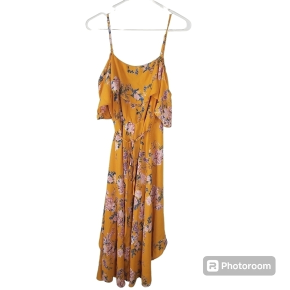IRIS Yellow Floral Cold Shoulder Hi-Low Wrap Flowy Dress Flutter Sleeves M - Picture 2 of 16
